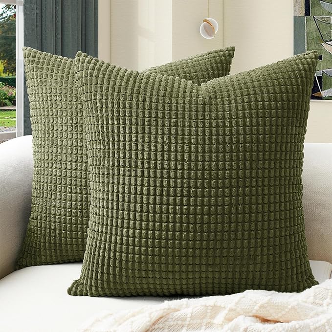 Softalker Throw Pillow Covers 16x16 Inch, Set of 2, Soft Corduroy Boho Stripe Decorative Pillow Cover, Couch Fluffy Pillow Cover for Farmhouse Home Decor Bed Living Room, Olive Green
