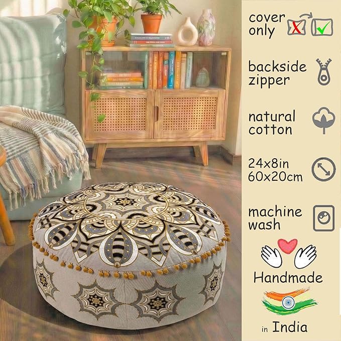 Mandala Life ART Moroccan Floor Pillow Cover Blue Gold Bohemian Décor Pouf Ottoman Latge Round Yoga Floor Cushion Luxury Kids Room Décor Boho Living Room Moroccan Floor Pillow Cotton 24x8 Unstuffed