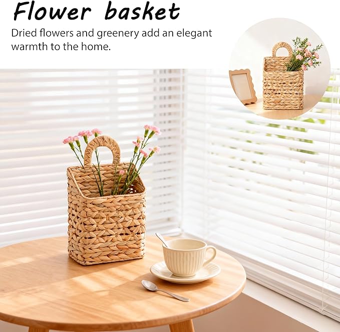 Wicker hanging basket, Water Hyacinth Wall Basket, Rustic Handwoven Hanging Storage Basket with Metal Frame for Farmhouse Home Decor, Garden or Organizing (1-Tier)
