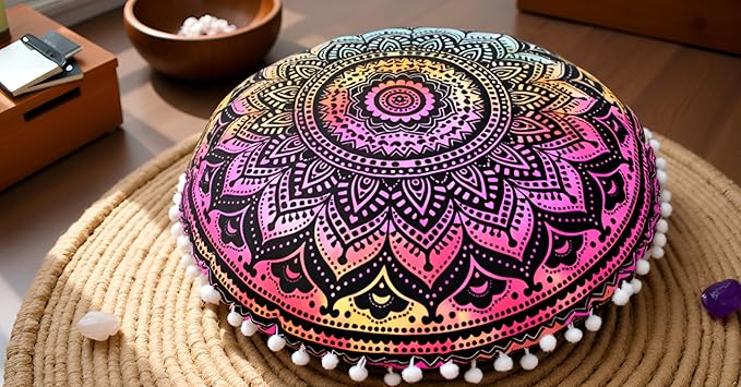 CRAFT KALA Boho Large Floor Pillow Pouf Cover Mandala Meditation Room Pillow Cover for Adults Round Bohemian Seating Pouf Cushion Cover for Kids Playroom 22" Multi Ombre