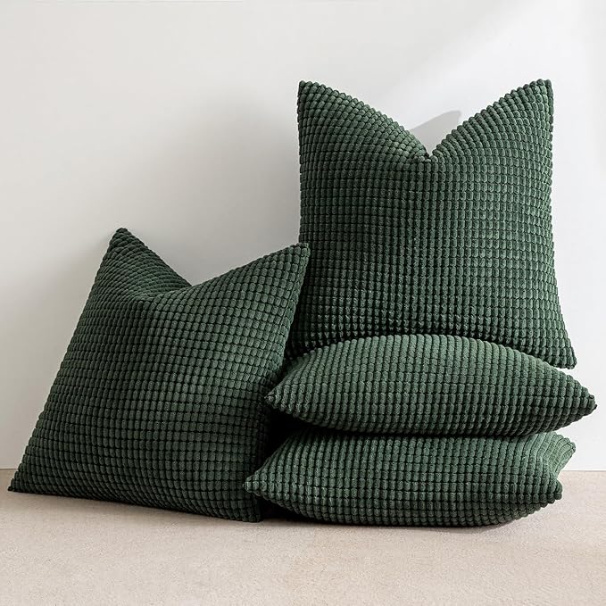 MIULEE Boho Farmhouse Throw Pillow Covers 20x20 Inch Set of 4 Soft Neutral Covers Christmas Dark Green Corduroy Couch Pillowcases Home Decor for Sofa Living Room Bed