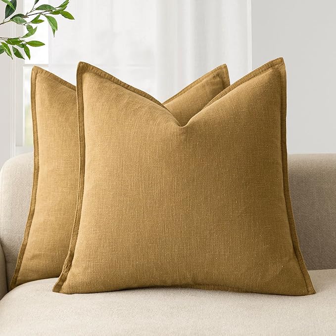 Foindtower Pack of 2, Decorative Linen Soild Throw Pillow Covers Soft Accent Cushion Case Boho Farmhouse Pillowcase for Chair Couch Sofa Bedroom Living Room Home Decor 20 x 20 Inch Honey Mustard