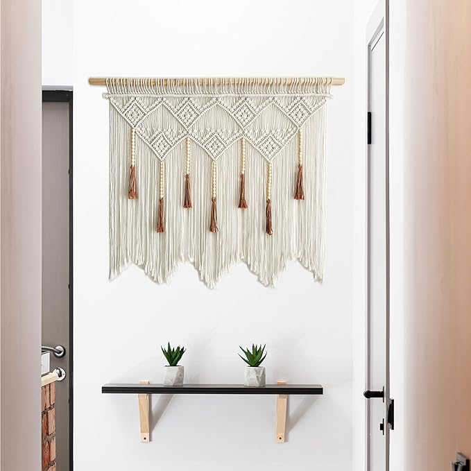 Youngeast Large Macrame Wall Hanging Boho Woven Tapestry Bohemian Macrame Wall Decor Handmade Tassel Tapestry Home Decoration for Bedroom Living Room 39"X31" (Wood Dowels Not Included) (Beige)