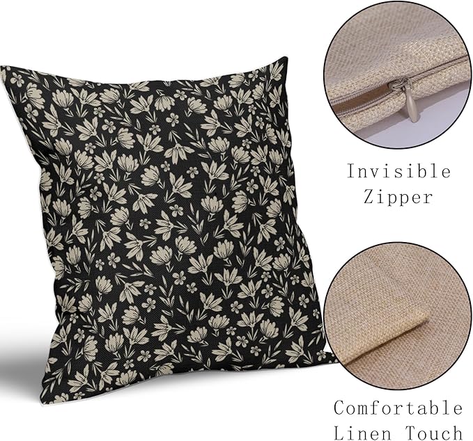 Black Vintage Floral Block Print Pillow Covers 24x24 Set of 2 Rustic Old Style Cute Flower Print Decorative Outdoor Pillowcases Seasonal Farmhouse Throw Cushion Case Decor for Couch Sofa Bed