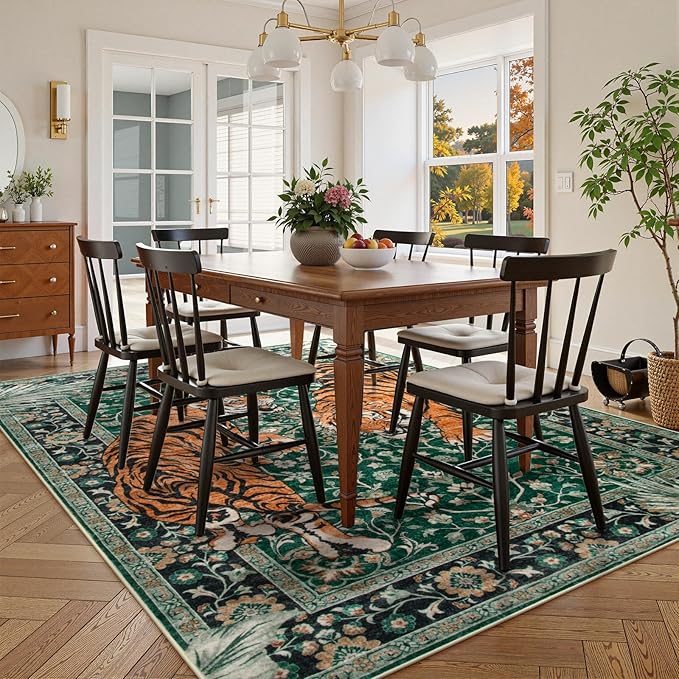 Moynesa Tiger 6x9 Area Rugs for Living Room, Boho Botanical Washable Dining Room Rug Non Slip Large Green Bedroom Rug, Ultra Thin Vintage Soft Indoor Floor Carpet for Home Office Entrance