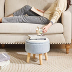 IBUYKE 13 Inch Foot Stool Ottoman with Storage, Round Small Foot Rest with Padded Seat and Wood Legs, Teddy Velvet Mini Footstool for Living Room Couch Bedroom Entryway, Gray-Blue WBD006H