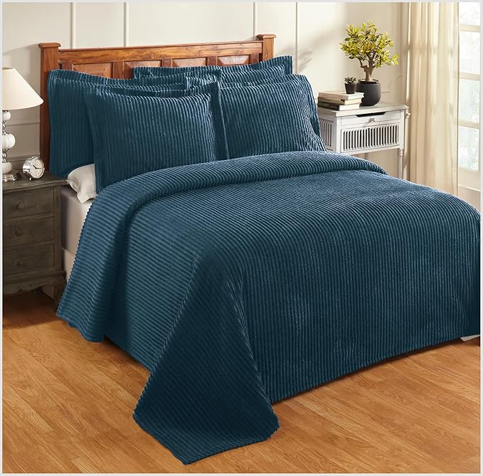 Better Trends Chenille Bedspreads Queen Size, Teal 100% Cotton Chenille Stripe Design Tufted Bedding Coverlet Soft Lightweight, 102"x110" 1 Pieces Jullian Collection