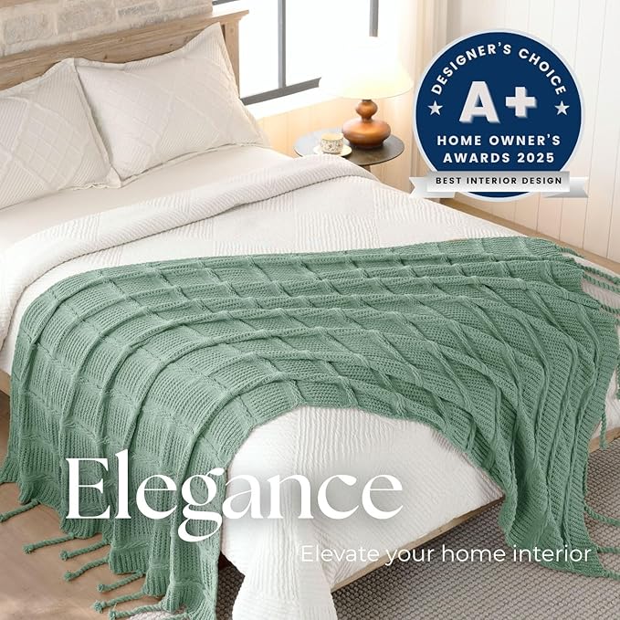 Boho Knitted Chenille Blanket with Tassels - Lightweight & Soft All-Season Throw - 3D Classic Pattern for Living Room Bedroom Couch, Sage Green, Throw 50"x60"