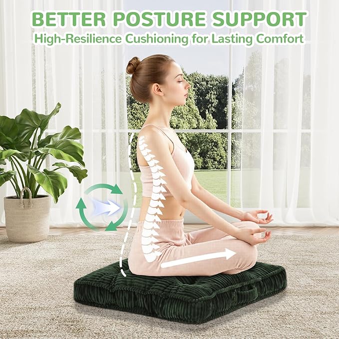Floor Pillow Set of 2, 24x24 Tufted Floor Cushion for Adults, Square Large Meditation Cushion Pillow, Green Corduroy Sitting Pillow with Handle, Yoga Seating for Tatami