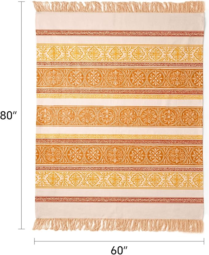 100% Cotton Boho Throw Blanket for Home Decor – Classic Farmhouse Quilt Bedding, Muslin Blankets for Adults, Vintage Woven Decorative Blanket for Couch, Bed Layering Use, Bohemian Stripe, 60"x80"