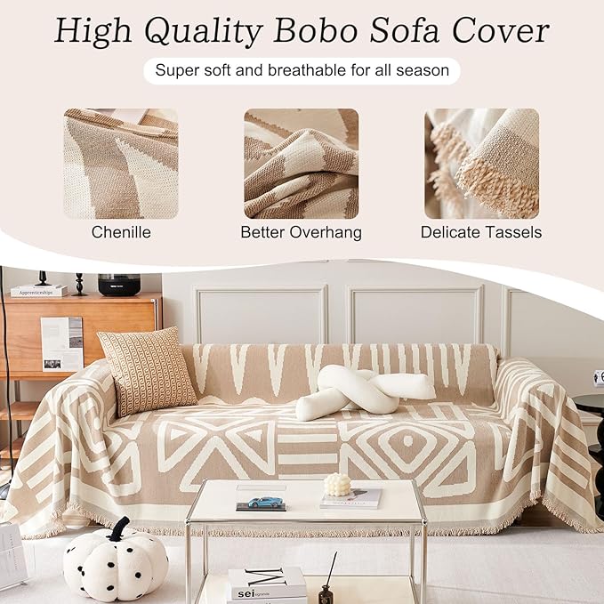 ROOMLIFE Boho Couch Cover for 3 Cushion Couch L Shape Sofa Covers for Sectional Sofa Reversible Silpcover for Dogs Washable Chenille Furniture Protector for Living Room,91"x118"