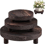 3 Pcs Wood Plant Stand Indoor Outdoor, Wooden Stool Display Stand 5/6/8" Round Riser Flower Pot Holder with Raised Edge Small Planter Tray Modern Potter Decorative for Garden Desktop Home Table Counter Room (Dark Brown)
