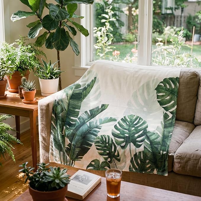 Tropical Green Leaf Throw Blanket Monstera Palm Tree Fleece Blanket for Couch and Bed Holiday Theme Cozy Soft Throw Decoration Warm Gift for Summer, 50 x 60 Inches