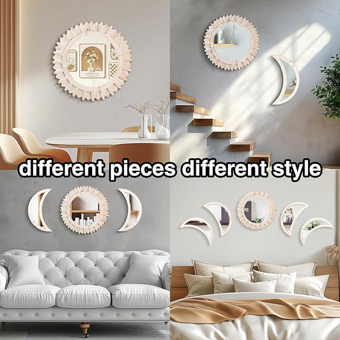 WAKOSAN Wall Mirror, Moon Phase Mirror Set, Wall Decor for Bedroom, Bohemian 5PCS Wooden and Real Glass Mirror with Crystal Clear Reflection, Boho Decor, Multi-Angle Installation (White)