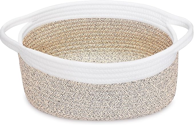 ABenkle Small Woven Basket, 12" x 8" x 5" - Cute Storage Basket with Handles for Room, Cat & Dog Toys, Gift Box
