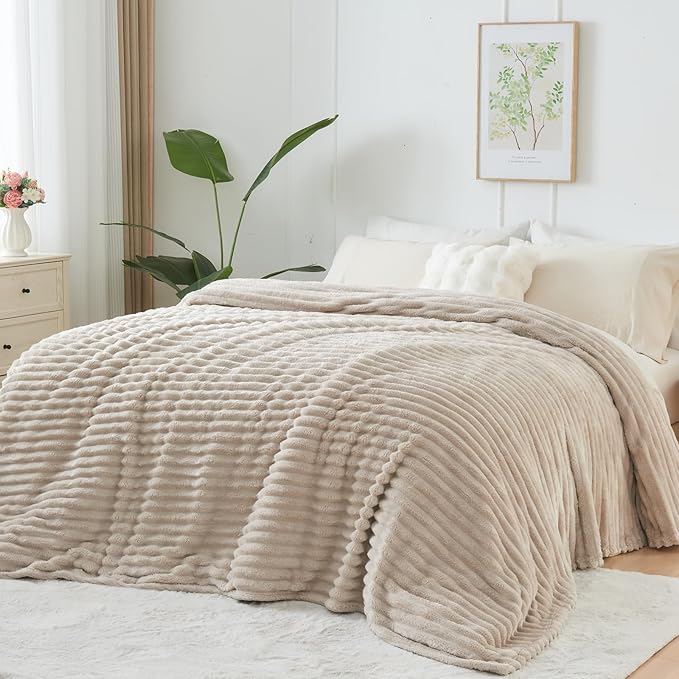 NEWCOSPLAY Super Soft Twin Blanket Linen Premium Silky Flannel Fleece 3D Ribbed Jacquard Lightweight Bed Blanket All Season Use (Linen Ribbed, Twin(60"x80"))