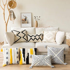 Woven Tufted Boho Throw Pillow Cover, Modern Decorative Geometric Irregular Black Ivory Yellow Striped Lines Cushion, Farmhouse Tribal Pillowcases for Couch Sofa Bedroom Living Room, 18 x 18 Inches