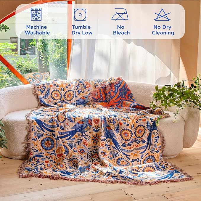 Boho Throw Blanket 60"x80" 100% Cotton Twin Bed Bird Blanket, Reversible Breathable Lightweight Spring Decorative Tassel Blankets for Couch Sofa Decor