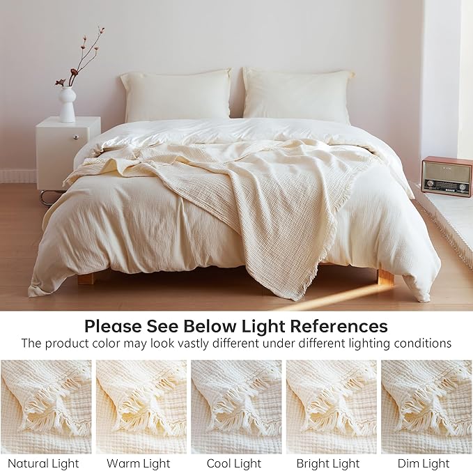 Simple&Opulence Cotton Muslin Throw Blanket 4 Layers for Bed, Couch, Woven Gauze Blanket with Tassels, Soft Lightweight Cozy Pre-Washed Breathable Farmhouse Decoration for All-Season(White)