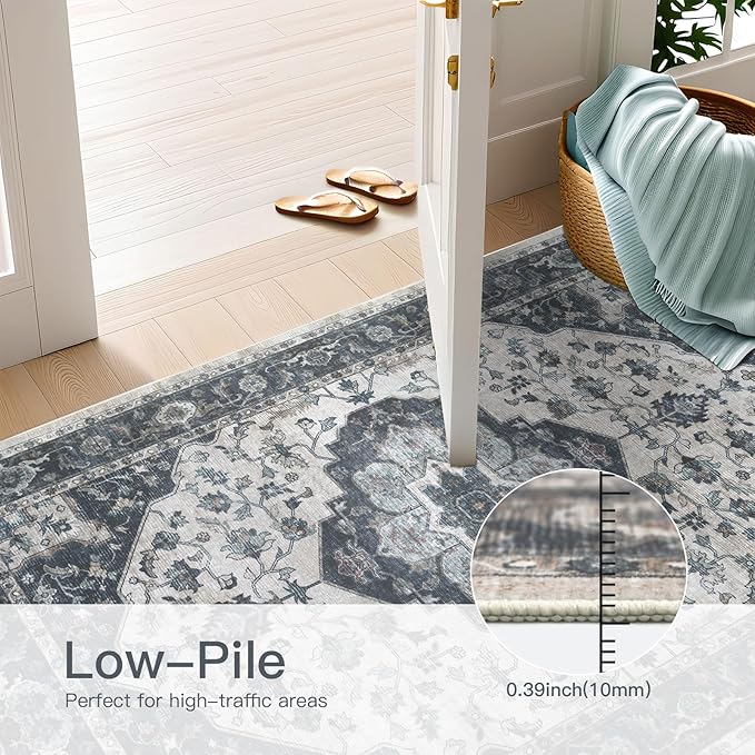 4x6 Vintage Washable Area Rug for Living Room,Low Pile Non Slip Carpet Non-Shedding Small Area Rug Soft Indoor Stain Resistant Rug Floral Print Mat for Bedroom Dining Room Blue Beige