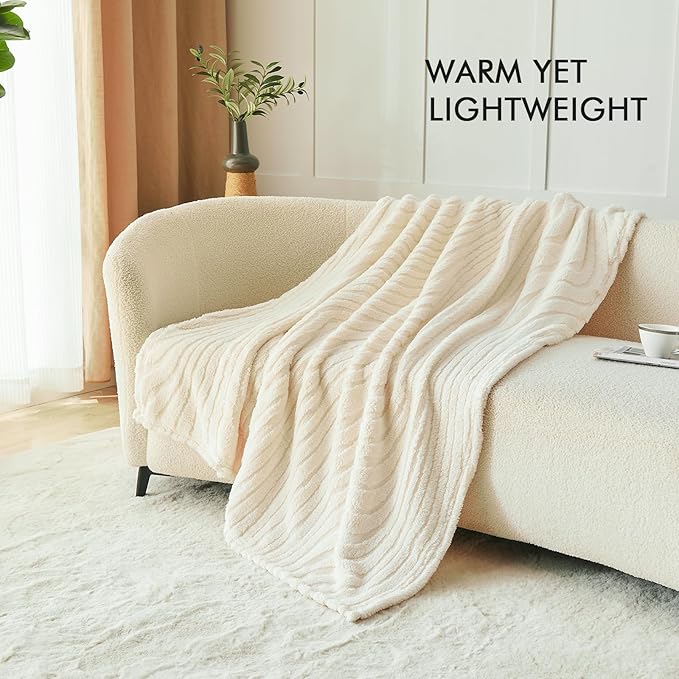 lifein Throw Blanket for Couch-Cream Wave Boho Throw Blanket, Soft Fleece Plush Lightweight Blankets&Throws for Woman, Fuzzy Decorative Blankets for Livingroom Bed Sofa Chair(50x60in,Cream)