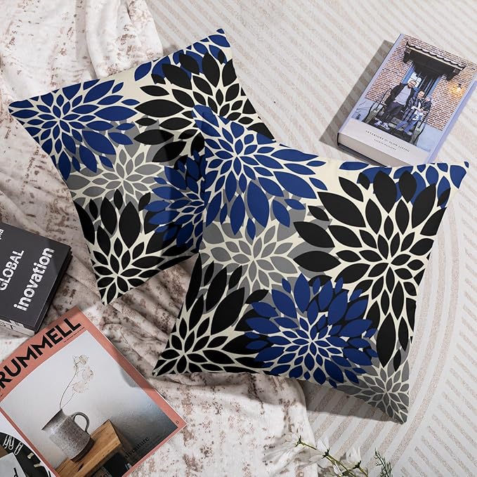 Black Navy Blue Pillow Covers 20X20 Inch Set of 2, Spring Summer Floral Dahlia Flower Cream Decorative Throw Pillow Covers Outdoor Modern Farmhouse Cushion Case for Home Couch Sofa Bed Decor