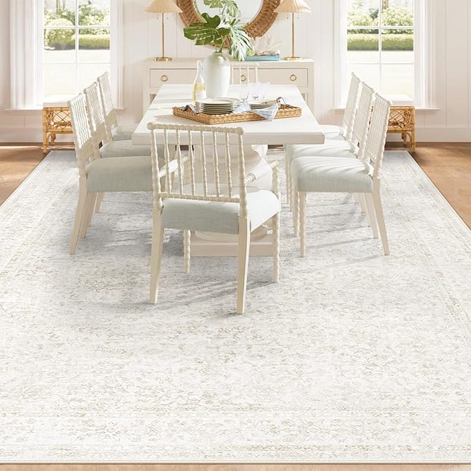 8x10 Area Rugs for Living Room: Washable Large Vintage Floral Rug Low Pile Non-Slip Boho Carpet for Bedroom Dining Home Office (Floral Beige, 8'x10')