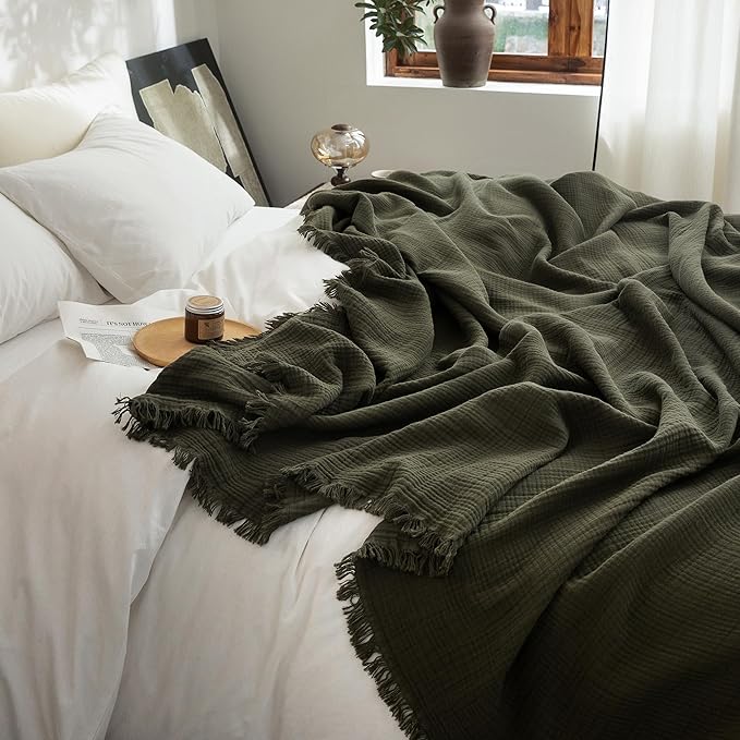 FOSSA Muslin Blanket with Fringe - 4-Layer 100% Cotton Gauze Super Soft & Breathable Throw -Lightweight Decorative Cooling Blanket for Bed, Sofa, Office (Olive Green, Throw (60" × 50"))