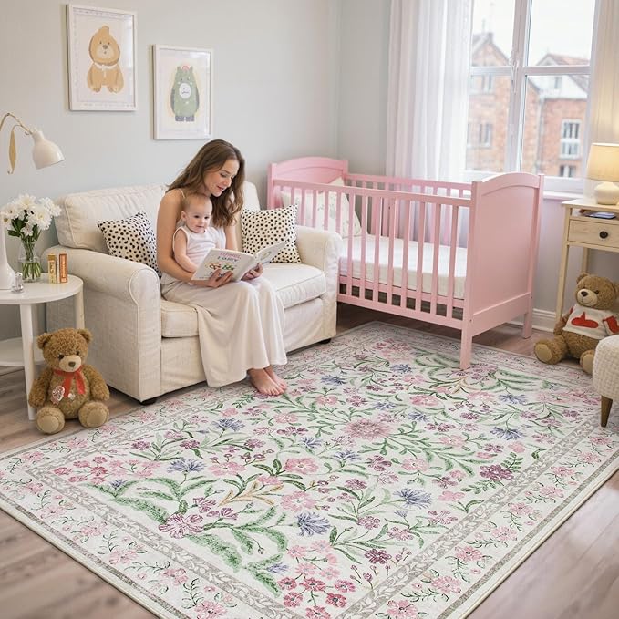 Lahome Sylvie Boho Purple Floral 5x7 Area Rugs, Washable Rugs for Bedroom Nursery Decor, Soft Non-Slip Lavender Carpet for Kids Room Girls Playroom Living Room, Pale Lilac/Pink