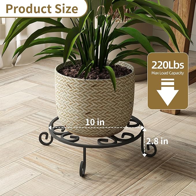 2 Pack 10” Diameter Metal Outdoor Plant Stand Indoor, Black Heavy Duty Potted Holder, Round Anti-Rust Wrought Iron Flower Planter Pot Display Stands for Home Garden