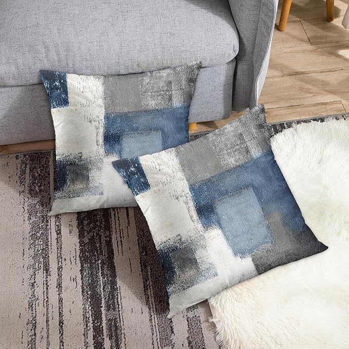 Emvency Set of 2 Throw Pillow Covers Modern Abstract Painting Blue White and Gray Decorative Sofa Pillow Cases Home Decor Standard Square 22x22 Inches Pillowcases