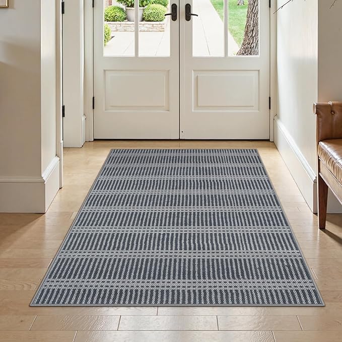 LIVEBOX Easy Jute Indoor Outdoor Rug 3x5 Front Porch, Washable Outdoor Rugs for Entryway, Gray Striped Geometric Rug for Living Room, Non Slip Carpet Door Mat for Front Door, Patio, Kitchen, Bedroom