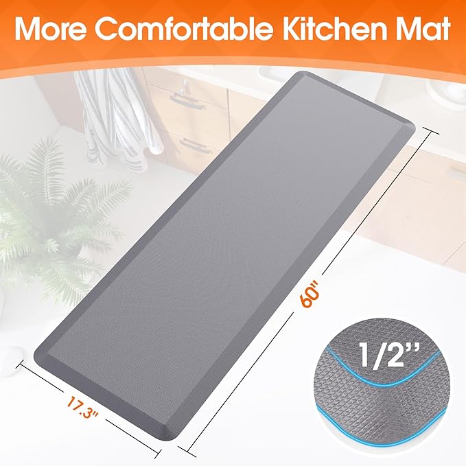 Kitchen Mat, Cushioned Thick Floor Comfort Mat, with Non-Slip Bottom, Waterproof & Stain Resistant & Easy Clean, Standing Desk Mat for Kitchen, Sink, Office (17.3''x60'', Grey)