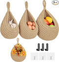 Boho Wall Hanging Fruit Baskets for Kitchen 3 Pack Woven Produce Holder with 6 Pcs Strong Hooks Vegetable Hanging Basket for Organizing Teardrop Home Wall Potato Onion Storage, Linen