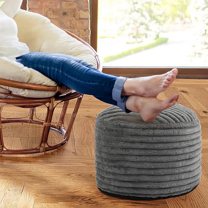 Round Stuffed Pouf Ottoman Foot Rest for Couch Round Ottoman with Foam Chunk Filling Stripe Faux Fur Ottomans for Living Room Floor (20"x15",Dark Grey)