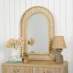 Arched Rattan Wall Mirror – 24x36 Inch Boho Elegance with Woven Frame, Decorative Mirror for Bathroom Vanity Entryway Living Room