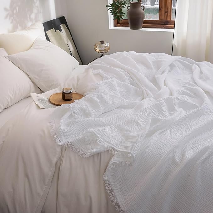 FOSSA Muslin Blanket with Fringe - 4-Layer 100% Cotton Gauze Super Soft & Breathable Throw -Lightweight Decorative Cooling Blanket for Bed, Sofa, Office -Oversize Queen Size 98" x 98" (Bright White)