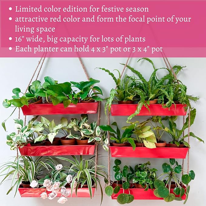 LaLaGreen Hanging Wall Planter - 16 Inch Three Tier Plant Hanger for Succulent Indoor Herb Planter Metal Wall Plant Holder Bright Red Christmas Decor, Vertical Garden Hanging Planter Shelf Outdoor