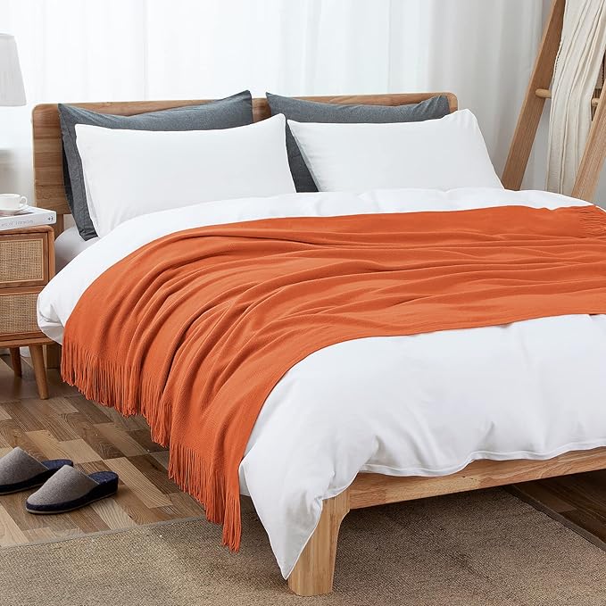 Vonty Rust Orange Knitted Blanket with Tassels Fringe 60" x 80", Super Soft Knit Throw Blanket, Farmhouse Decorative Lightweight Blanket for Couch, Sofa, Bed