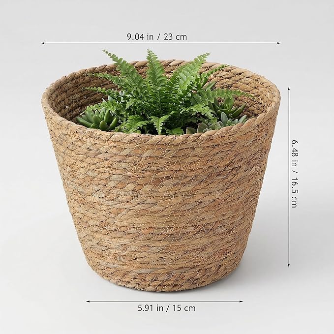 Healifty Woven Plant Baskets with Liner: 2Pcs Round Wicker Seagrass Planter Pots Rattan Straw Baskets Covers for Indoor Outdoor Flower Plants Rustic Home Farmhouse Garden Decor 9.05 X 9.05 X 6.49''
