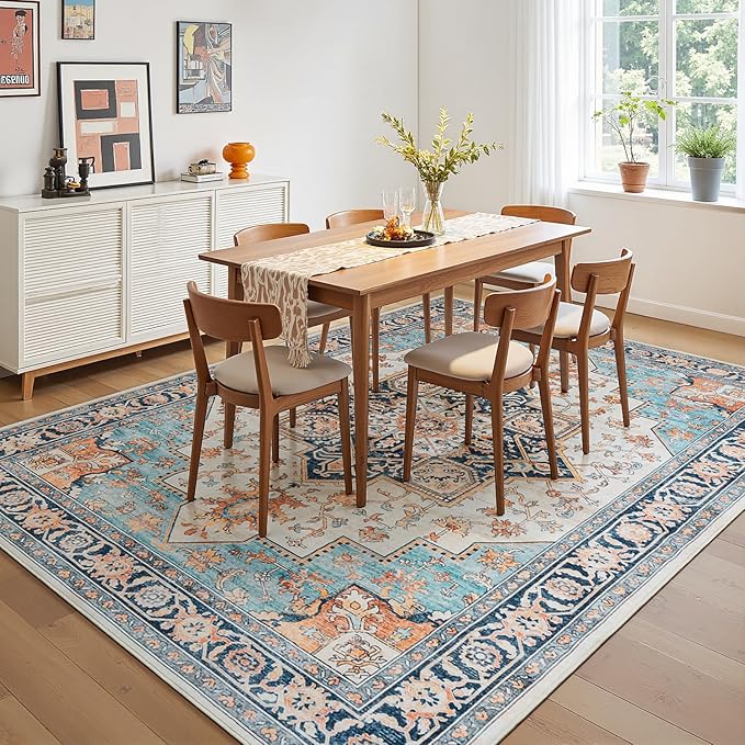 Lessymo 9×12 Area Rugs Washable for Living Room, Large Soft Indoor Rug Non-Slip for Bedroom Kitchen Dining Room Dorm Nursery, Vintage Boho Carpet Stain Resistant for Office Home Decor, Orange/Blue