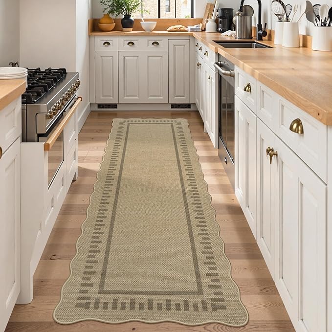 LIVEBOX Scalloped Washable 2x8 Runner Rug, Easy Jute Outdoor Rug Kitchen Tan Rugs for Hallway Entryway, Indoor Non Slip Rugs Farmhouse Geometric Carpet Door Mat for Porch Laundry Room Bedroom Boho