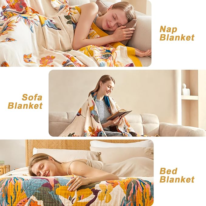 Boho Throw Blanket for Bed 90"x90", 100% Soft Cotton Bohemian Blankets with Rustic Floral Printed Decor, Spring Throw Blanket for Couch Cozy Breathable King Size All Season