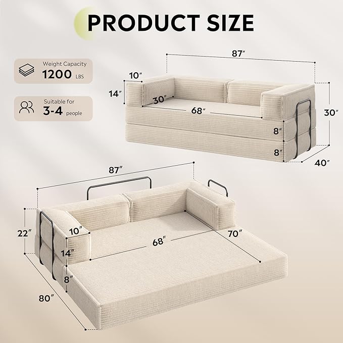 WLIVE 87'' Futon Sofa Bed, Convertible Sleeper Sofa, Folding Pull Out Couch Boneless Mattress with Fixed Frame, Corduroy, Beige