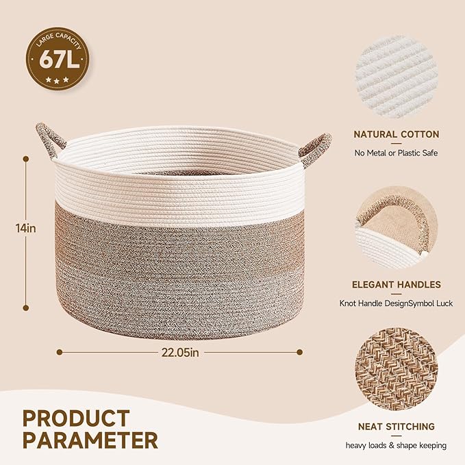 CLHMILY&Z Large Woven Basket - 20x13 Inches - Blanket Hamper for Living Room, Round Storage Bin, XLarge Laundry Organizer for Clothes, for Tree Plant, Mix Brown