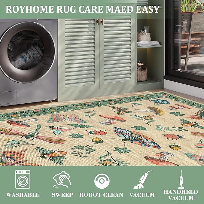 Mushroom 3x5 Area Rug Washable Non-Slip Small Indoor Rugs for Entryway with Rubber Back Soft Low-Pile Carpet for Kitchen Bedroom Living Room Mat Khaki Green