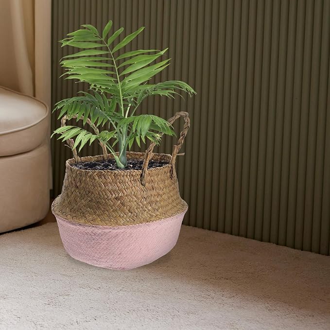 HANABASS Woven Seagrass Flower Basket with Handle 27cm Diameter Foldable Plant Pot Indoor Garden Decor Boho Style Patio Planter