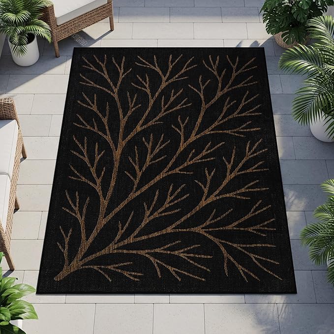 Washable Indoor Outdoor Rug 8x10 Modern Area Rugs Branch Pattern Non Shedding Waterproof Easy Clean Patio Deck Porch Living Room Bedroom Garden RV (8 X 10 Gold)