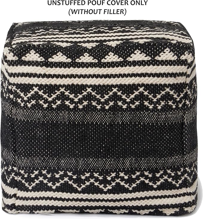 REDEARTH · UNSTUFFED Pouf Ottoman Cover Textured Storage Cube Bean Bag Poof Pouffe Footrest for Living Room, Bedroom, Patio, Gym; 100% Cotton (18"X18"X18", Ziggurat Obsession Black)