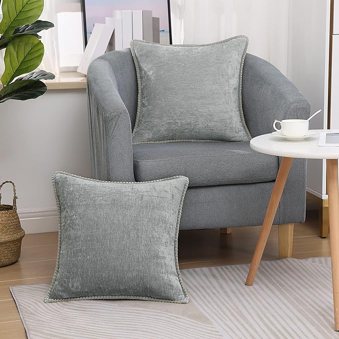 decorUhome Chenille Soft Cozy Throw Pillow Covers 24x24 Set of 2, Modern Farmhouse Boho Velvet Decorative Euro Sham Pillow Cases with Stitched Edge for Couch Sofa Bed Home Decor, Neutral Gray
